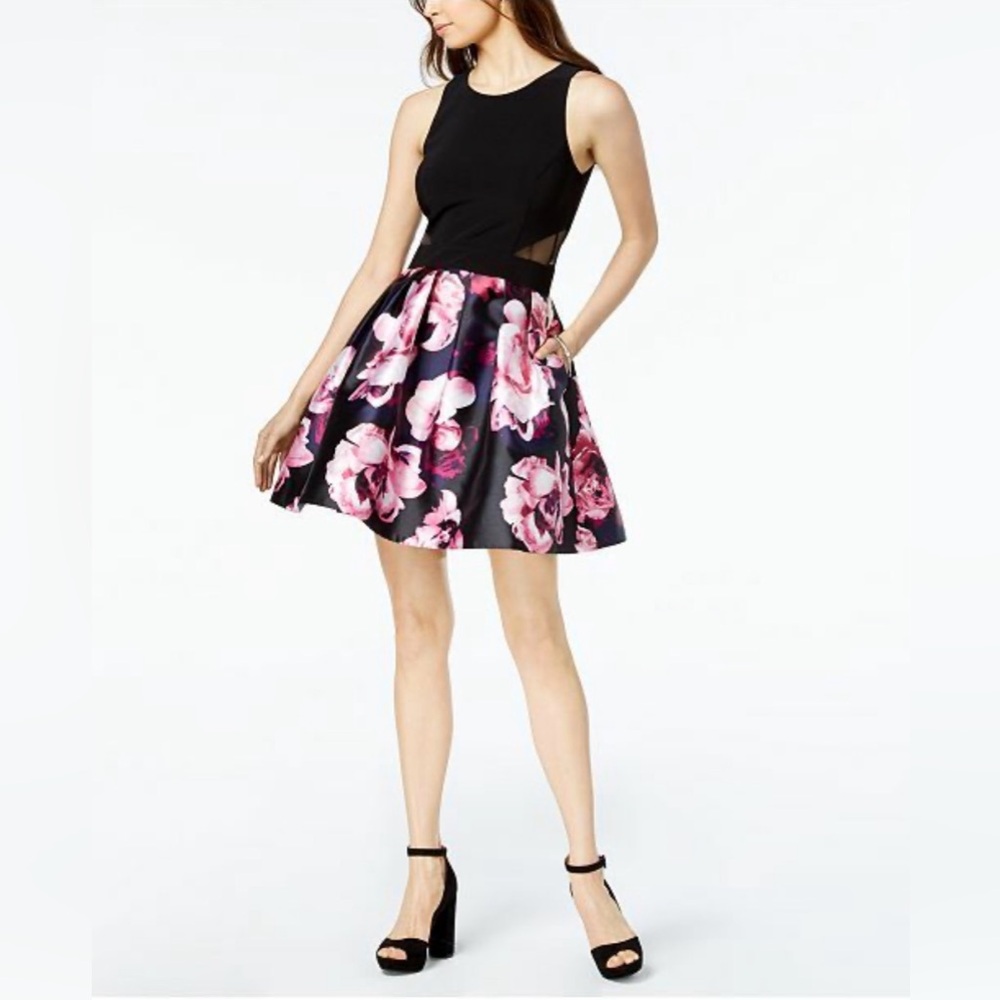Xscape Fit n Flare‎ Black and Pink Floral Dress